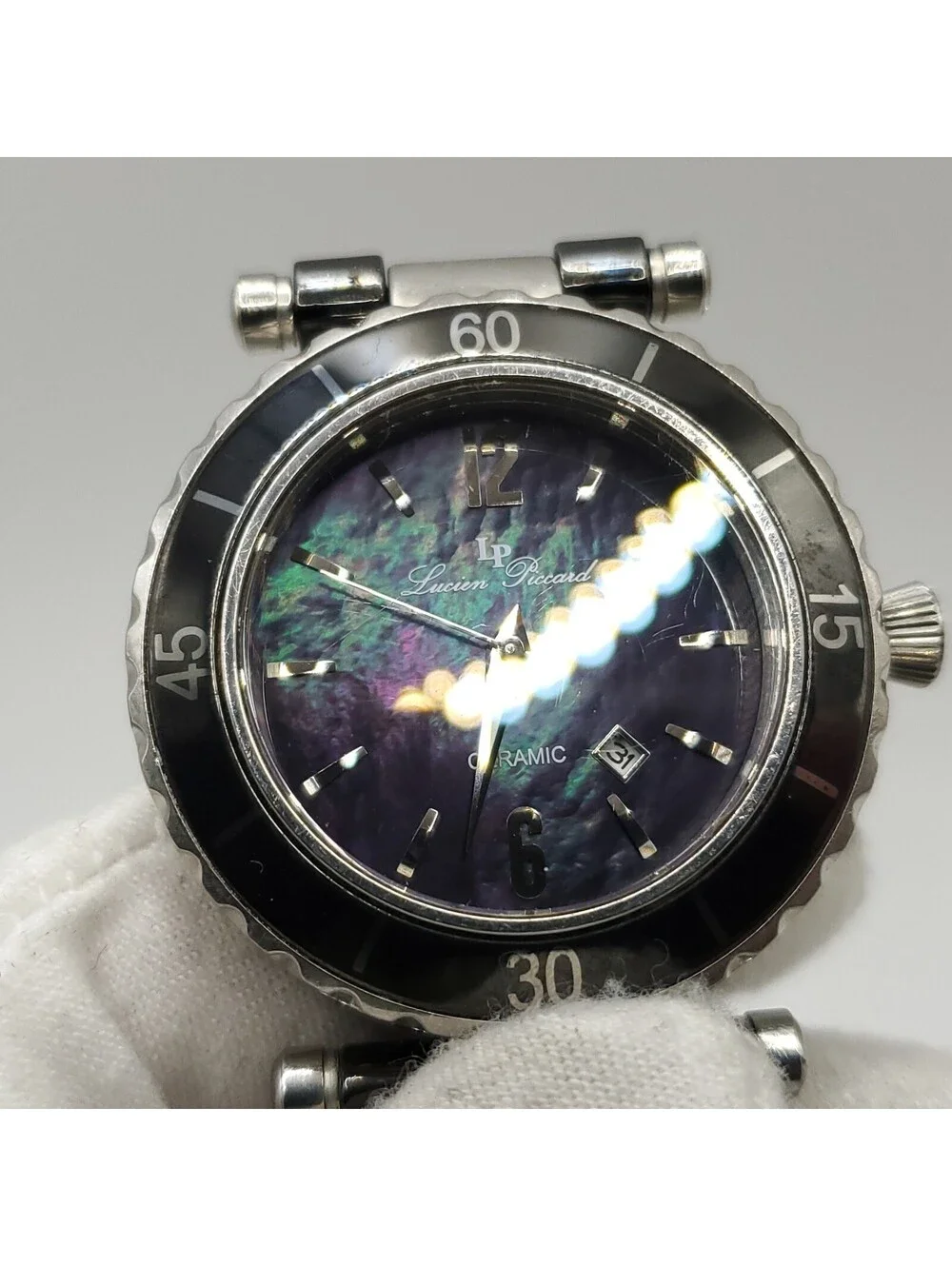 Lucien Piccard Ceramic La Tournette Watch Womens New Battery Abalone Dial 38mm